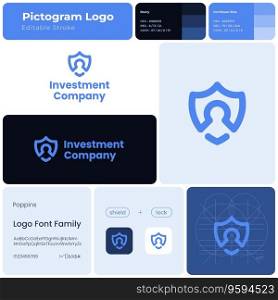 Investment company blue line business logo. Brand name. Financial planning. Shield with lock. Design element. Visual identity. Poppins font used. Suitable for wealth management firm, stock broker. Investment company blue line business logo