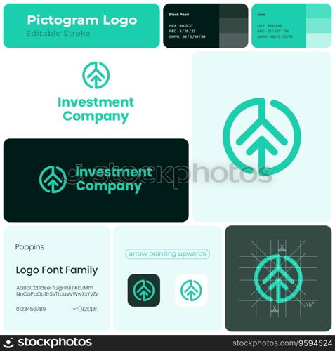 Investment company green line business logo. Brand name. Business consulting. Arrow pointing up. Design element. Visual identity. Poppins font used. Suitable for financial advisor, technology company. Investment company green line business logo