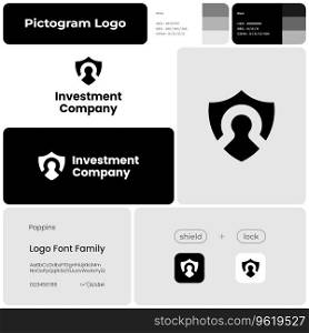 Investment company monochrome glyph business logo. Brand name. Business consulting. Shield with lock. Design element. Visual identity. Poppins font used. Suitable for financial advisor, banking sector. Investment company monochrome glyph business logo