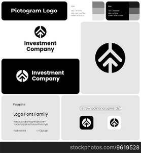 Investment company monochrome glyph business logo. Brand name. Fin tech startup. Arrow pointing up. Design element. Visual identity. Poppins font used. Suitable for consulting firm, trading platform. Investment company monochrome glyph business logo