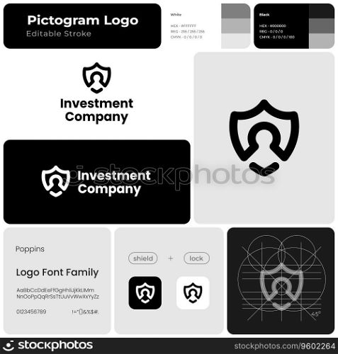 Investment company monochrome line business logo. Brand name. Financial service. Shield with lock. Design element. Visual identity. Poppins font used. Suitable for asset management, home security firm. Investment company monochrome line business logo