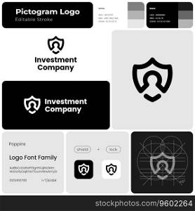 Investment company monochrome line business logo. Brand name. Financial service. Shield with lock. Design element. Visual identity. Poppins font used. Suitable for asset management, home security firm. Investment company monochrome line business logo