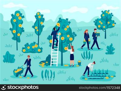 Investment concept. Businessman picking cash, financial profit, money revenue, return capital strategy, investment income vector concept. Workers gathering banknotes from tree and bush. Investment concept. Businessman picking cash, financial profit, money revenue, return capital strategy, investment income vector concept
