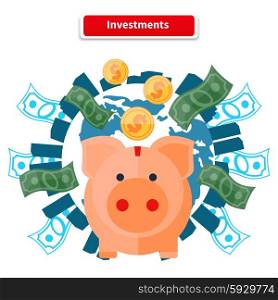 Investment concept capitalization, money savings. Piggy bank, coin planet. Investment concept, finance, money, investor stock market, savings, business, bank. Pig of earth with buildings and money