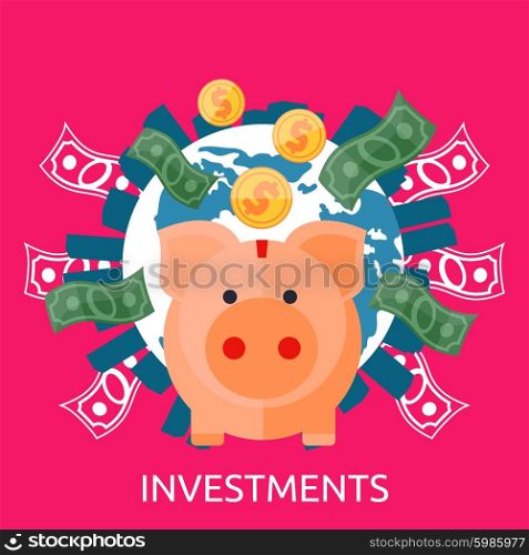 Investment concept capitalization, money savings. Piggy bank, coin planet. Investment concept, finance, money, investor stock market, savings business, bank. Pig of earth with buildings and money