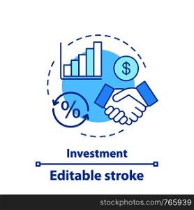 Investment concept icon. Agreement idea thin line illustration. Partnership. Profit growth. Handshake. Stock market analyzing. Vector isolated outline drawing. Editable stroke. Investment concept icon