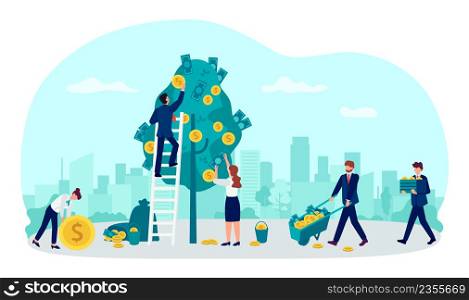 Investment concept. People growing money on trees. Businessman and woman picking cash from plants. Workers get financial profit, income. Characters holding wheelbarrows with banknotes and coins vector. Investment concept. People growing money on trees. Businessman and woman picking cash from plants. Workers get financial profit