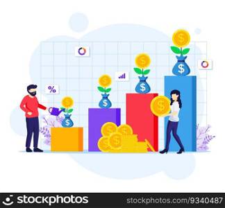 Investment concept, people watering money tree, collect coin, increase financial investment profit flat vector illustration