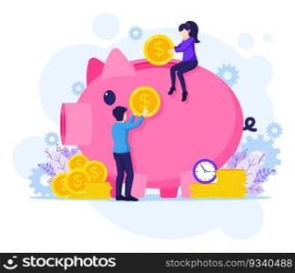 Investment concpet illustration, People putting money into a giant piggy bank, money-saving flat vector illustration