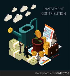 Investment contribution and growth isometric concept with money and business people 3d vector illustration