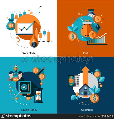 Investment design concept set with money saving and stock market profit flat icons isolated vector illustration. Investment Icons Set
