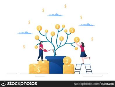 Investment Financial Success Freedom Flat Vector Illustration. Business People Increasing Capital and Profits by Managing Finances Well or Saving Coin