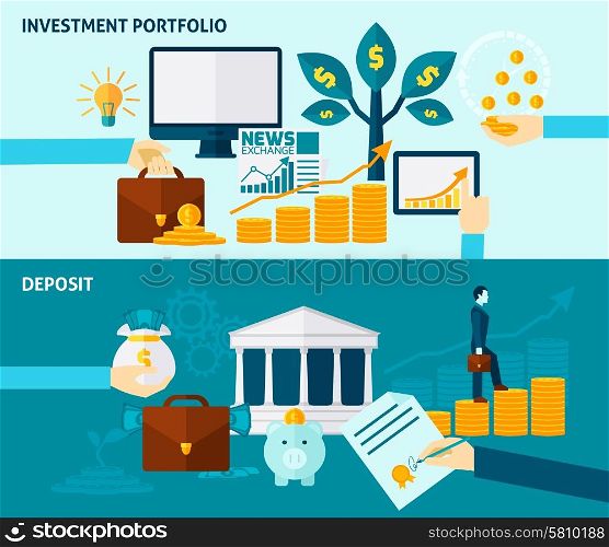 Investment Flat Banner Set. Investment portfolio exchange news and deposit or accumulation flat color horizontal banner set isolated vector illustration