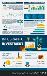 Investment Flat Color Infographic . Investment statistic grows climbing motion and stake protection or accumulation flat color infographics vector illustration