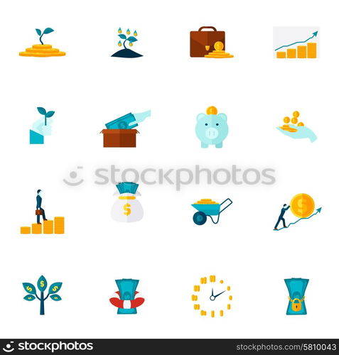 Investment Flat Icon Set. Investment money market coins tree and box dollar color flat icon set isolated vector illustration