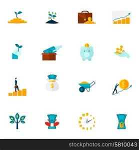 Investment Flat Icon Set. Investment money market coins tree and box dollar color flat icon set isolated vector illustration