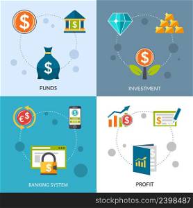 Investment funds profit and banking system flat design icons set isolated vector illustration. Investment Funds Profit Icons Set