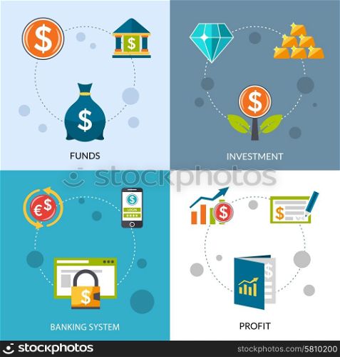 Investment Funds Profit Icons Set. Investment funds profit and banking system flat design icons set isolated vector illustration
