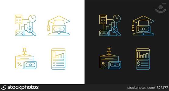 Investment gradient icons set for dark and light mode. Education loan. Financial literacy. Thin line contour symbols bundle. Isolated vector outline illustrations collection on black and white. Investment gradient icons set for dark and light mode