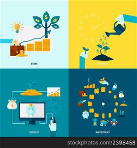 Investment grows deposit motion and stake protection or accumulation flat color decorative icon set isolated vector illustration. Investment Flat Decorative Icon Set