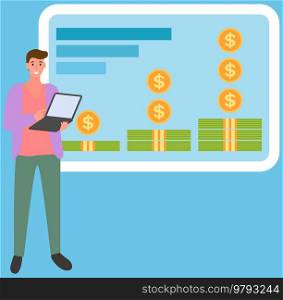 Investment growth with digital technology. Businessman working on laptop. Accumulating and collecting money. Savings, investor, rich and wealth concept. Man with computer exaggerates profits. Investment, money growth with laptop. Businessman exaggerates profits, rich and wealth concept