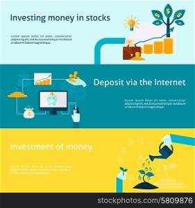 Investment horizontal banner with internet deposit flat elements set isolated vector illustration. Investment Banner Set