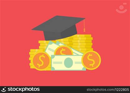 Investment in education concept. Graduate&rsquo;s cap on stack money and coin. Concept of saving money for scholarship.Vector illustration flat design