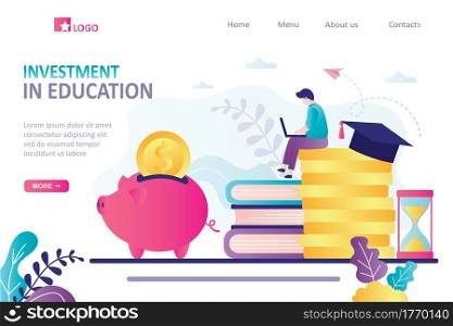 Investment in education landing page template. Businessman studying on laptop. Male student invest in knowledge. E-learning, online courses, skills improvement. Learning process. Vector illustration. Investment in education landing page template. Businessman studying on laptop. Male student invest in knowledge. E-learning,online courses,