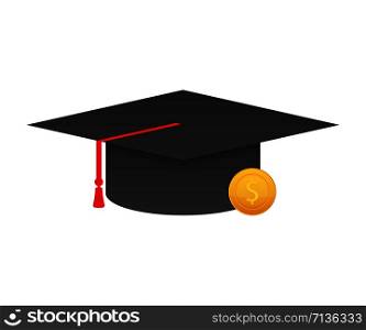 Investment in education. Scholarship. Books. Graduate&rsquo;s cap on stack golden coin. Vector stock illustration.. Investment in education. Scholarship. Books. Graduate&rsquo;s cap on stack golden coin. Vector illustration.