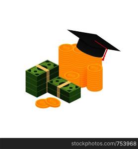 Investment in education. Scholarship. Books. Graduate's cap on stack golden coin. Vector stock illustration.