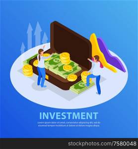 Investment isometric background with editable text and round composition with images of people and money case vector illustration