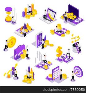 Investment isometric icons collection on blank background with isolated financial images money accounting gadgets and people vector illustration