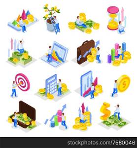Investment isometric icons collection with sixteen isolated images infographic elements human characters and piles of coins vector illustration