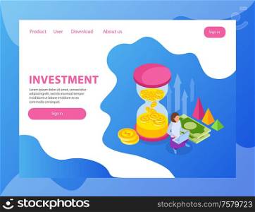 Investment isometric landing page web site design with sand clock golden coins clickable links and buttons vector illustration