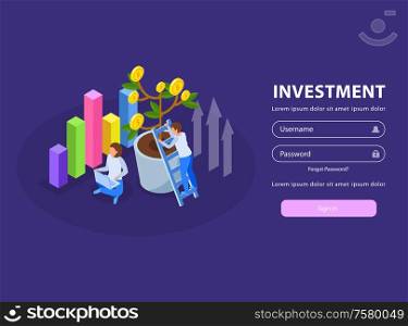 Investment isometric web site login page background with images of people money tree and infographic elements vector illustration