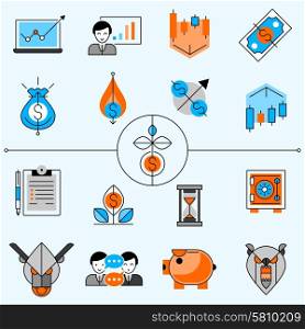 Investment Line Icons Set. Investment and banking line icons set with diagrams and arrows flat isolated vector illustration