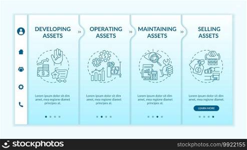 Investment management components onboarding vector template. Developing and maintaining assets. Responsive mobile website with icons. Webpage walkthrough step screens. RGB color concept. Investment management components onboarding vector template