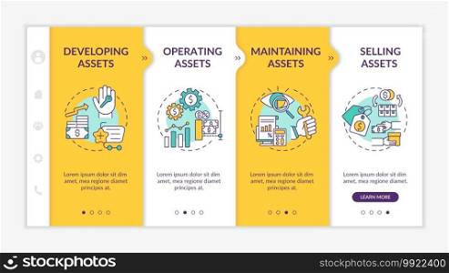 Investment management components onboarding vector template. Operating stocks and selling assets. Responsive mobile website with icons. Webpage walkthrough step screens. RGB color concept. Investment management components onboarding vector template