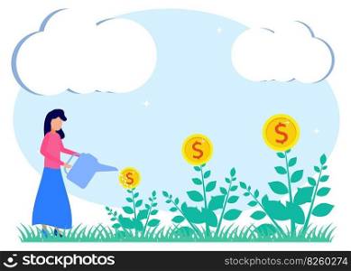 Investment management vector illustration, character of people watering money tree, career growth to success.