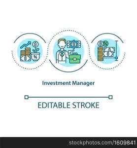 Investment manager concept icon. Financial adviser. Increase income. Fund planning. Asset management idea thin line illustration. Vector isolated outline RGB color drawing. Editable stroke. Investment manager concept icon
