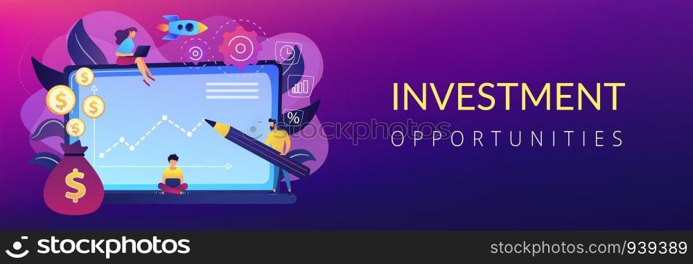 Investment managers with laptops offer better returns and risk management. Investment fund, investment opportunities, hedge fund leverage concept. Header or footer banner template with copy space.. Investment fund concept banner header.