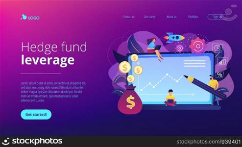 Investment managers with laptops offer better returns and risk management. Investment fund, investment opportunities, hedge fund leverage concept. Website vibrant violet landing web page template.. Investment fund concept landing page.