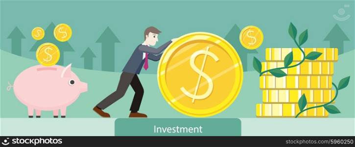Investment money coin gold design. Investment concept, finance investor, stock market, savings, business bank, currency and wealth, market dollar, treasure and earning illustration