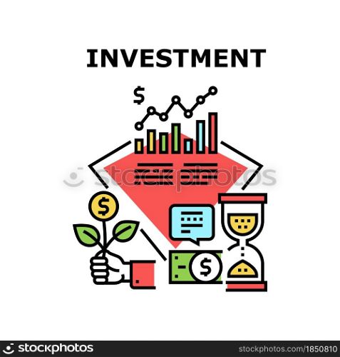Investment Money Vector Icon Concept. Investment Money Businessman Investor, Economy Finance Growth And Savings Business. Researching Trade Market Infographic And Invest Color Illustration. Investment Money Vector Concept Color Illustration