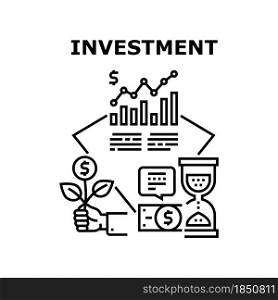 Investment Money Vector Icon Concept. Investment Money Businessman Investor, Economy Finance Growth And Savings Business. Researching Trade Market Infographic And Invest Black Illustration. Investment Money Vector Concept Black Illustration