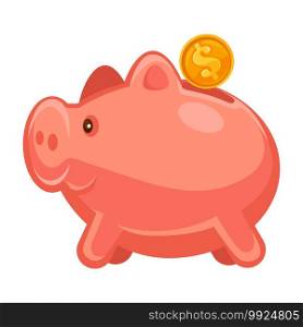 Investment or deposit interests, isolated icon of piggy with golden dollar coin. Saving money financial assets, economy and finances. Earning and paying using cash, us currency vector in flat. Piggy with golden dollar, investment or deposit vector
