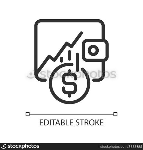 Investment pixel perfect linear icon. Earning money from stocks. Financial market. Economic growth. Thin line illustration. Contour symbol. Vector outline drawing. Editable stroke. Arial font used. Investment pixel perfect linear icon