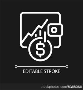 Investment pixel perfect white linear icon for dark theme. Earning money from stocks. Financial market. Thin line illustration. Isolated symbol for night mode. Editable stroke. Arial font used. Investment pixel perfect white linear icon for dark theme