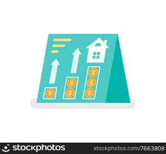 Investment planning and real estate rent information, data and info on paper banner. Vector inforchart data of construction company, house and money coins. Investment Planning and Real Estate Rent Banner