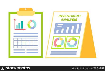 Investment planning and retirement information, data and info on clipboards and papers. Documents with plans and infographics vector, analytics and statistics. Investment Planning and Retirement Information